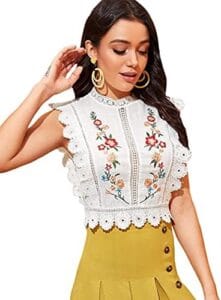 Floerns Women’s Mock Neck Guipure Lace Trim Embroidery Blouse Tops