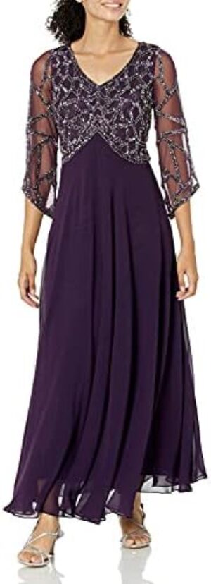 J Kara Women’s Petite 3/4 Sleeve Geo Beaded Gown