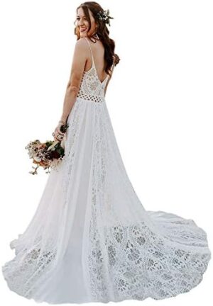 Bohemian Wedding Dresses Spaghetti Strap with Adjustable Drawstring Lace Bridal Gowns