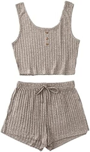 SheIn Women’s 2 Piece Sleeveless Button Crop Tank Tops and Shorts Lounge Set