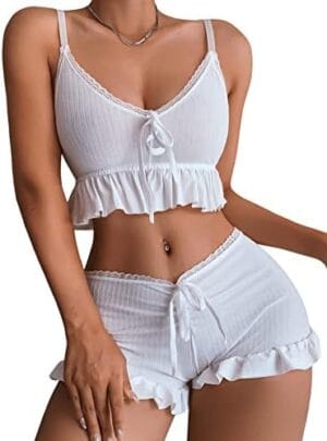 SweatyRocks Women’s 2 Piece Lingerie Set Ruffle Trim Tie Front Cami Top and Shorts Sleepwear