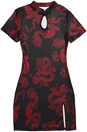SOLY HUX Women’s Chinese Cheongsam Dragon Print Qipao Mini Bodycon Dress