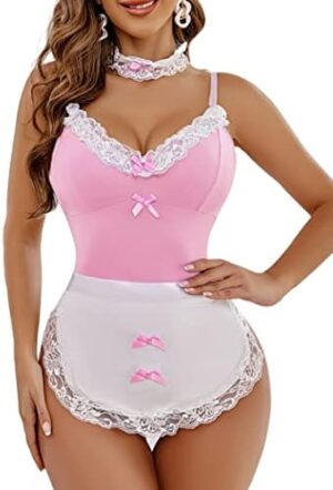 Avidlove Women Maid Costume Set Sexy Halloween Cosplay Lingerie Teddy and Apron with Choker