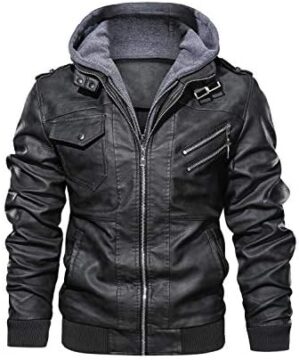 HOOD CREW Men’s Casual Stand Collar PU Faux Leather Zip-Up Motorcycle Bomber Jacket With a Removable Hood