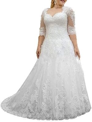 Women’s Lace Wedding Dresses for Bride with 3/4 Sleeves Plus Size Bridal Gown