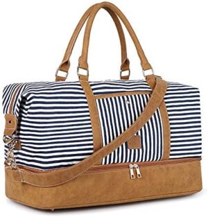 Gonex Canvas Duffel Weekender Bag with Shoe Compartment 42L Overnight Travel Tote Bag(Blue Stripe)