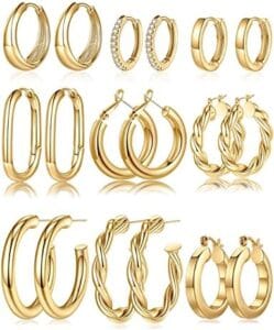 925 Sterling Silver Post 14K Real Gold Plated Chunky Hoop Earrings Set for Women, Hypoallergenic Thick Lightweight Hoop Earrings for Women 20/25/30/40/50/60mm Gold Jewelry Gifts
