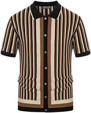 PJ PAUL JONES Men’s Striped Polo Shirts Breathable Knit Shirt 70s Vintage Shirt Short Sleeve Button Down Clothing
