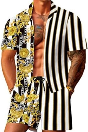 JoZorro Men Hawaiian Shirt Sets Casual Button Down Shirts 2 Piece Luxury Summer Beach Outfits