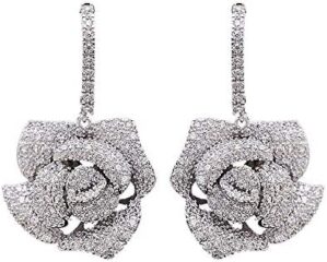 Huggie CZ Flower Dangle Stud Earrings for Women Girls with Charms Fashion Luxury Pave Rhinestone Filigree Camellia Rose Dainty Crystal Drop Dangling Wedding Prom Jewelry Dainty Gifts Valentine Mother’s Day