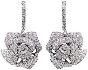 Huggie CZ Flower Dangle Stud Earrings for Women Girls with Charms Fashion Luxury Pave Rhinestone Filigree Camellia Rose Dainty Crystal Drop Dangling Wedding Prom Jewelry Dainty Gifts Valentine Mother’s Day