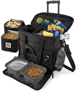Mobile Dog Gear, Rolling Week Away Dog Travel Bag, Includes Lined Food Carriers and 2 Collapsible Dog Bowl, Black