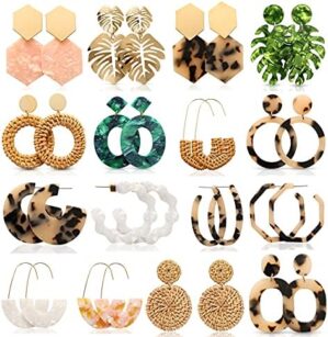 LANTAI 16 Pairs Trendy Acrylic Earrings Rattan Earrings for Women Girls-Summer Beach Straw Earrings Resin Dangle Drop Fashion Earrings Geometric Statement Earrings Vacation Jewelry