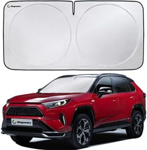 Magnelex Car Windshield Sun Shade with Storage Pouch. Reflective 240T Material Car Sun Visor with Mirror Cut-Out for Car, Truck, Van or SUV. Foldable Sun Shield for Sun Heat and UV Protection (Medium)