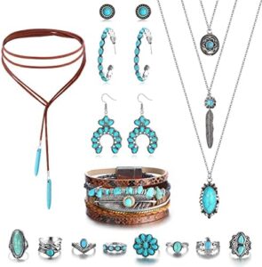 Helicopchain Western Jewelry For Women Bohemian Turquoise Jewelry Set Turquoise Pendant Choker Necklace Turquoise Faux Leather Cuff Bracelet Turquoise Hoop Dangle Earrings Turquoise Joint Knuckle Rings
