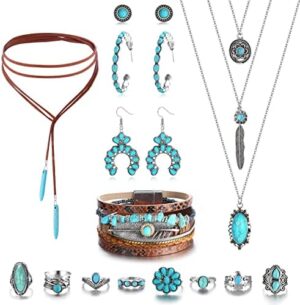 Helicopchain Western Jewelry For Women Bohemian Turquoise Jewelry Set Turquoise Pendant Choker Necklace Turquoise Faux Leather Cuff Bracelet Turquoise Hoop Dangle Earrings Turquoise Joint Knuckle Rings