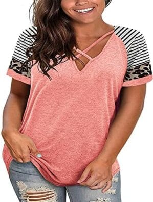 Plus Size Tops for Women Summer Short Sleeve Sexy V Neck Criss Cross T-Shirts Tunic Casual Loose Soft Tee Shirts