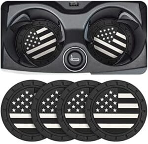 AUCELI 4 Pack Car Cup Holder Coasters, Black American Flag US Flag Insert Car Cup Coaster, 2.75 Inch Anti Slip Shockproof Embedded Drink Mat, Universal Vehicle Interior Decor Accessories