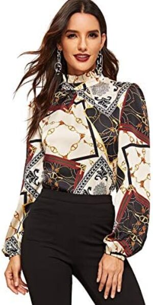 Romwe Women’s Elegant Solid Stand Collar Long Sleeve Workwear Blouse Top Shirts