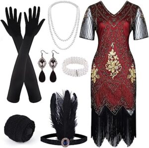 FEPITO 1920s V Neck Sequin Beaded Fringed Dress with 20s Accessories Set