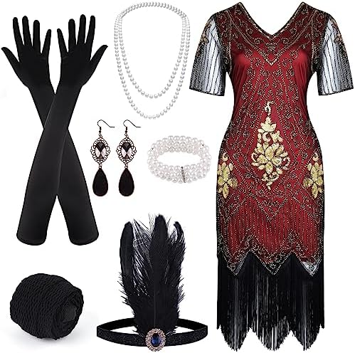 FEPITO 1920s V Neck Sequin Beaded Fringed Dress with 20s Accessories Set