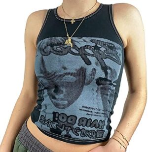 Women Face Portrait Print Y2K Tank Top Aesthetic Graphic Print E-Girl Camis Sleeveless Slim Vest Crop Top Streetwear