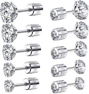 Cubic Zirconia Hypoallergenic Stud Earrings for Women Men Girls Statement Cartilage Fashion Surgical Steel Helix Earrings 5 Pairs