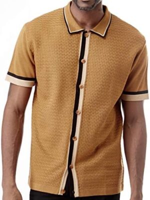 Men’s Short Sleeve Knit Sports Shirt – Modern Polo Vintage Classics: Solid Geometric Jacquard with Color Tipping