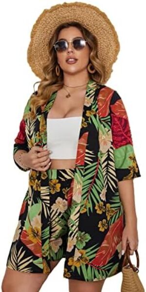 Floerns Women’s Plus Size 2 Piece Outfit Tropical Print Kimono Top and Shorts Set