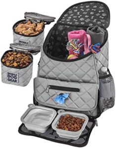 Mobile Dog Gear, Dog Travel Bag, Deluxe Quilted Weekender Backpack, Includes Lined Food Carriers and 2 Collapsible Dog Bowl, Gray