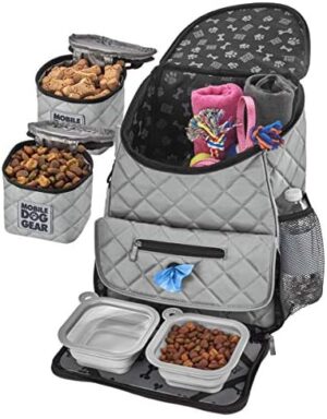 Mobile Dog Gear, Dog Travel Bag, Deluxe Quilted Weekender Backpack, Includes Lined Food Carriers and 2 Collapsible Dog Bowl, Gray