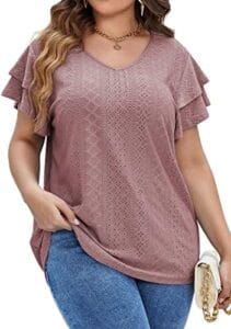IN’VOLAND Womens Plus Size T Shirt V Neck Loose Fit Ruffle Sleeve Summer Hollow Casual Tops Blouse
