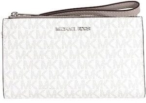 Michael Kors Jet Set Travel Double Zip PVC Signature Wristlet Wallet in Bright White, Medium