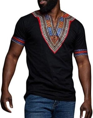Makkrom Mens African Dashiki T Shirt Tribal Floral Print V Neck Slim Fit Shirts Tops