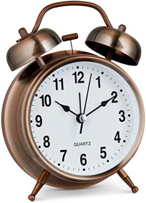 Bernhard Products Analog Alarm Clock Twin Bell Retro Copper Metal 4″ Extra Loud Quartz Battery Operated with Backlight for Bedside Table Vintage Silent Non-Ticking Old fashioned Decorative Desk Clocks