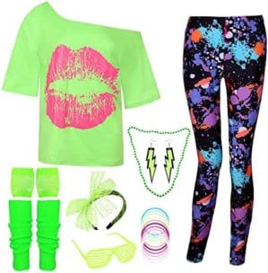 DANGCOS 80s Outfit Costumes Accessories for Women Off The Shoulder Tops Shirts Neon Leggings with Leg Warmers