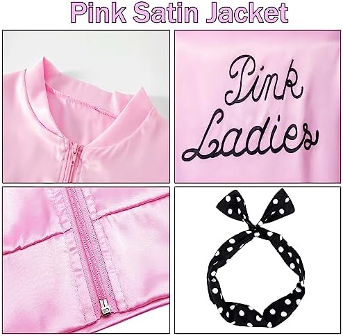 PROMOTED TO BIG SISTER 1950s Lady Women Halloween Cosplay Costume Pink Satin Jacket with Neck Scarfs - Image 3