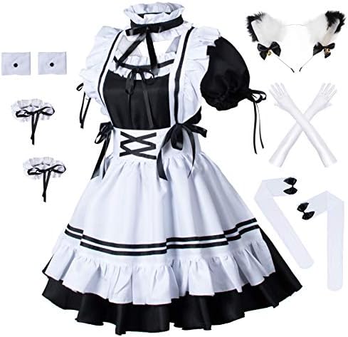Anime French Maid Apron Lolita Fancy Dress Cosplay Costume Furry Cat Ear Gloves Socks Set(M)