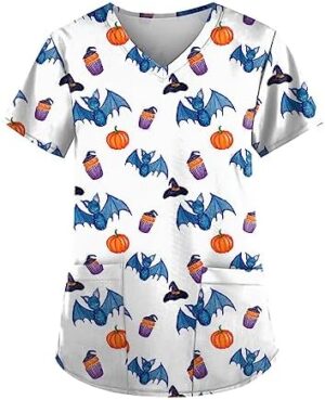 Women’s Halloween Working Uniform Tops with 2 Pockets V-Neck Printed Tunic Uniform Loose Healthcare Shirts