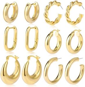 6 Pairs Chunky Gold Hoop Earrings Set for Women 14K Gold Plated Hypoallergenic Thick Open Huggie Hoop Set Jewelry for Gifts
