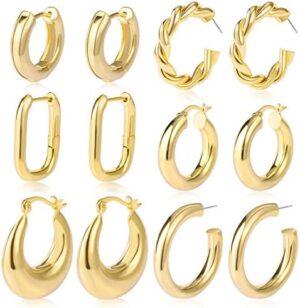 6 Pairs Chunky Gold Hoop Earrings Set for Women 14K Gold Plated Hypoallergenic Thick Open Huggie Hoop Set Jewelry for Gifts