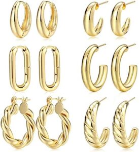 Gold Hoop Earrings Set for Women, 6 Pairs 14K Gold Plated Lightweight Hypoallergenic Chunky Open Hoops Jewelry for Gift