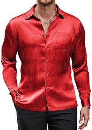 COOFANDY Men’s Luxury Satin Dress Shirt Shiny Silk Long Sleeve Button Up Shirts Wedding Shirt Party Prom