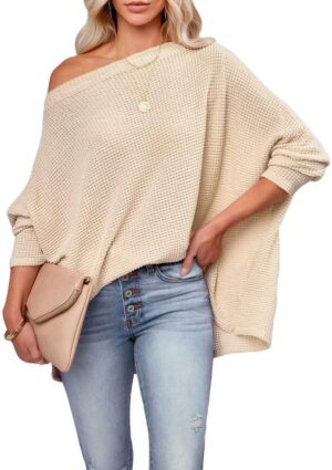 Dokotoo Women’s Casual Boat Neck Off The Shoulder Long Sleeve Waffle Knit Loose Tunic Tops Blouses Shirts