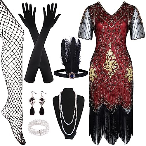 FEPITO 1920s V Neck Sequin Beaded Fringed Dress with 20s Accessories Set - Image 2