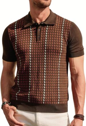 PJ PAUL JONES Men’s Vintage Polo Shirts Lightweight Retro 70s Knit Houndstooth Golf Shirts