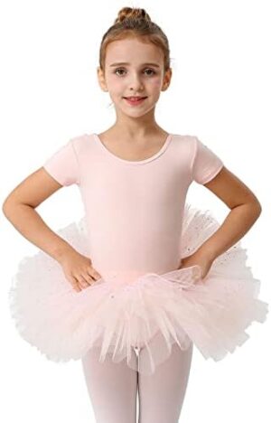 MdnMd Short Sleeve Glitter Dance Ballet Tutu Leotard Ballerina Outfit for Girls Toddler