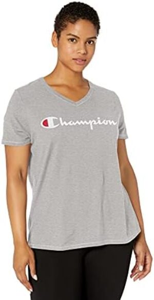 Champion Women’s Plus Jersey V-Neck Tee, Script Logo