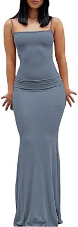 Yuemengxuan Women Sexy Bodycon Maxi Dress Ladies Low Cut Spaghetti Strap Dress Sleeveless Sling Long Dress Party Streetwear