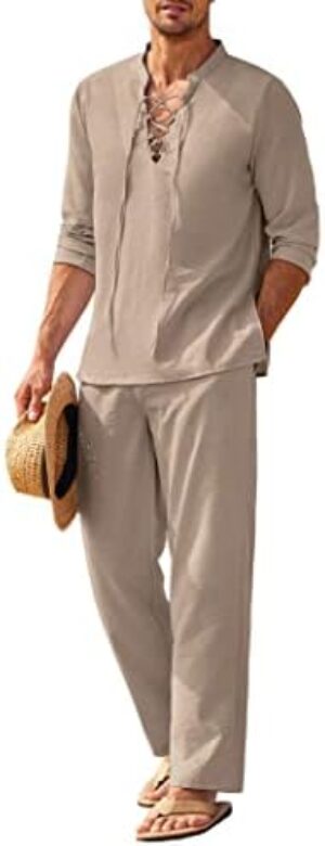 COOFANDY Men’s 2 Piece Linen Set Long Sleeve Henley Shirts Casual Beach Pants With Pockets Summer Yoga Outfits